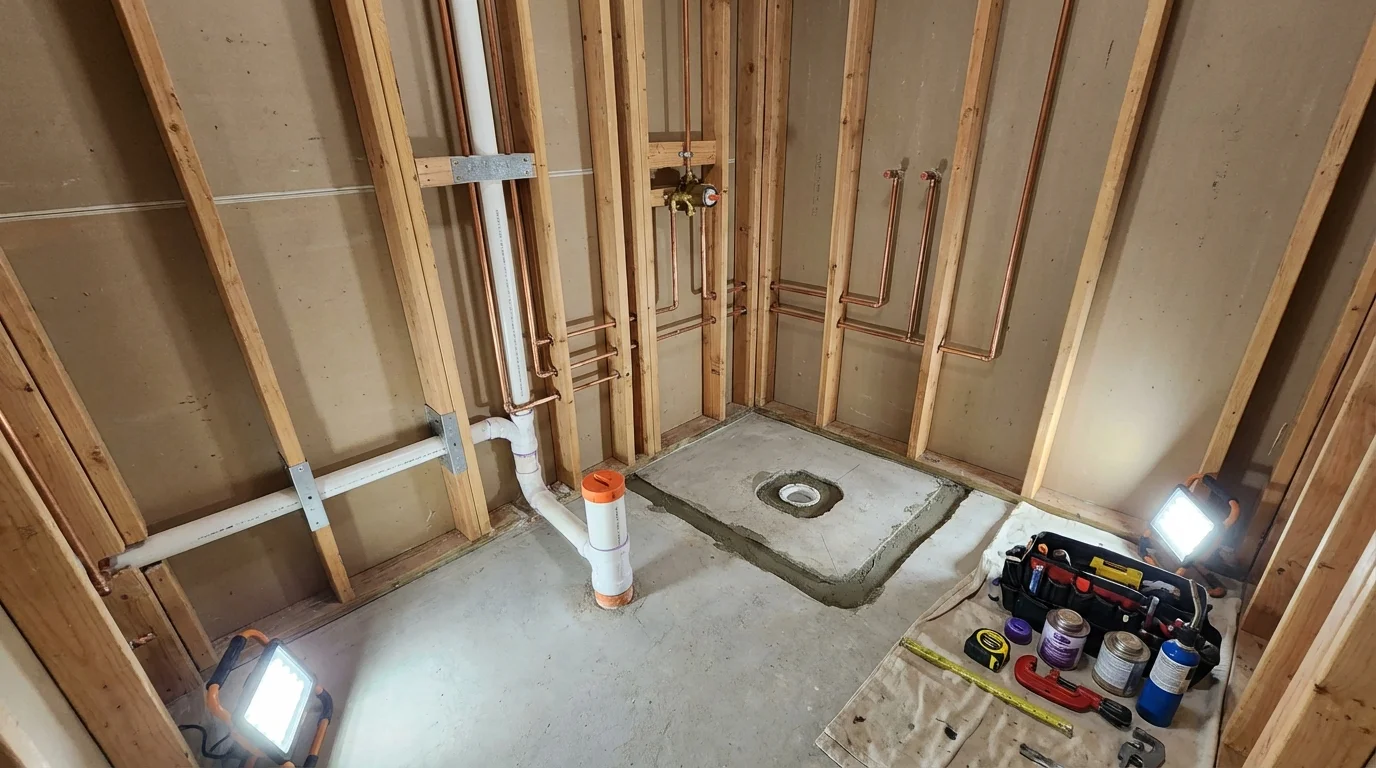 Bathroom rough-in plumbing during remodel by Johns Plumbing LLC in Jackson