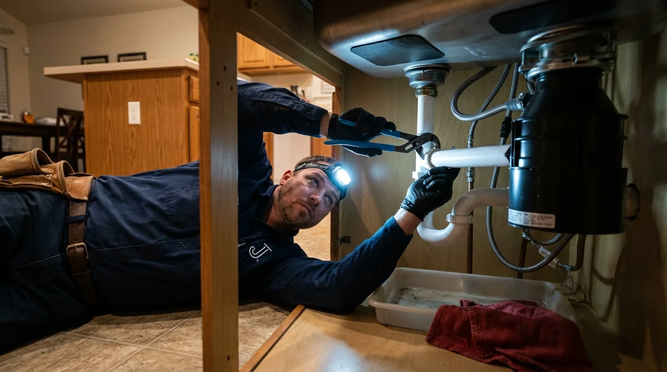 P-trap and supply line connections under a kitchen sink showing a common leak point in Jackson, MS